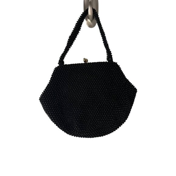 Vintage Corde Black Bead Small Mini Handbag Purse Snap Closure Night Date - Picture 1 of 7